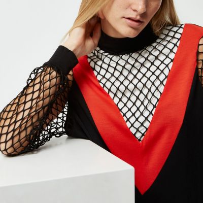 Black and red mesh turtleneck top